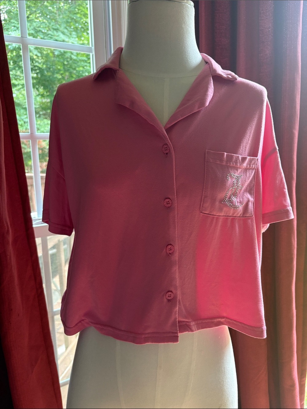 Juicy Couture Pink Cropped Button-Down Top with Pocket Accent, Small